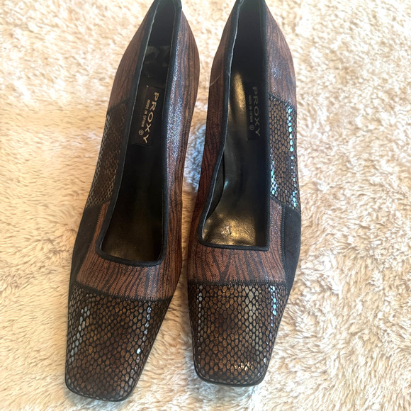 Proxy Women's sz 7 Heels Pumps Made In Spain Brown leather snakeskin square toe - Picture 3 of 10